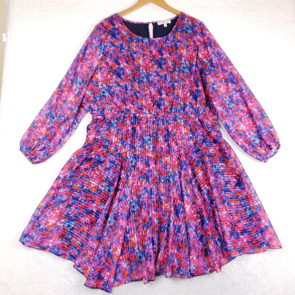 Skies Are Blue Curvy Pink Blue Floral Metallic Pleated Mini Dress 2X Plisse